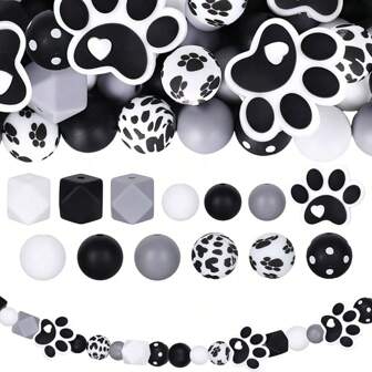 106Pcs Black And White Dog Paw Silicone Focal Beads Set, Cute Dog Paw Focus Beads + Large And Small Round Beads + Hexagonal Silicone Beads (With 5M Rope), Fashion Matching - Beads For Jewelry Making, Suitable For DIY Penl Charms, Lanyards, Party Decorations, Bracelets, Keychains And Other Handmade Decorations