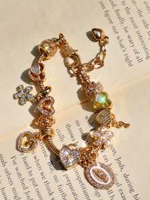 1pc Religious Virgin Mary Charm Bracelet, 1pc Religious Cross Bracelet, 1pc Fashion Sakura DIY Bracelet, 1pc Fashion Heart Lock & Key Bracelet - Gold - View 7