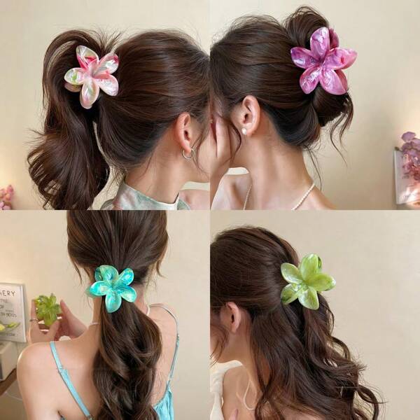 Grampo de cabelo grande de plástico leve em formato de flor, 4 peças/1 peça, feminino, 8 cm/2,95 pol., rosa, azul, verde, vermelho, gradiente de cor, moderno e versátil, simples e minimalista, acessórios de cabelo com garra de vento, adequado para viagens diárias ao campus, lazer, festa, deslocamento, férias, elástico de cabelo, rabo de cavalo, elástico de cabelo, enrolamento de cabelo, lavagem do rosto, banho, maquiagem, roupas combinando, uso de acessórios, acessórios para cabeça