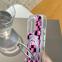 Funda para teléfono 1 pieza Un patrón de diseño de fantasía de píxel de tablero de ajedrez rosa, vinilo adhesivo de alta transparencia, soporte de succión magnético giratorio fuerte, fondo transparente y liso, soporte vertical anticaída, teléfono móvil, traje - Blanco - Ver 3