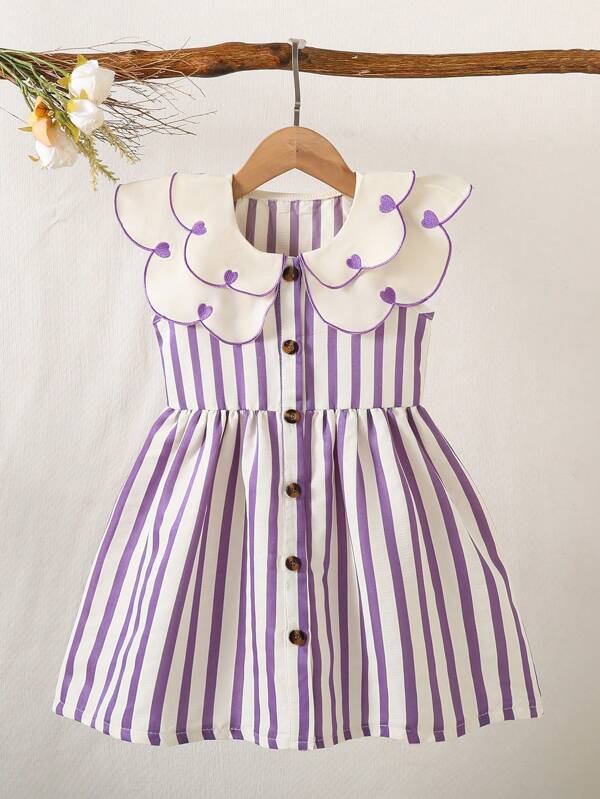 Young Girl' Summer Fresh Energetic Red & White Striped Peter Pan Collar Heart Embroidery Dress, Retro Cute Style, Suitable For Amusement Park, Theme Parties, Vacation, Gatherings, Etc
