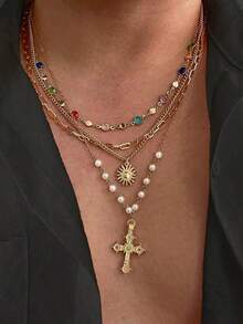 4 peças/Conjunto Colar Pingente de Cruz de Cristal Multicolorido Vintage Luxuoso, Acessório de Vestuário Casual Diário Masculino, Ótimo Presente para Feriados - 4 unidades - Visão 1