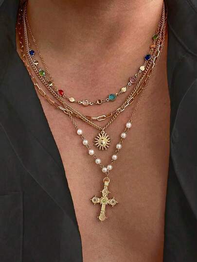 4pcs/Set Vintage Luxurious Multi-Color Crystal Cross Pendant Necklace, Men's Casual Daily Clothing Accessory, Great Gift For Holidays