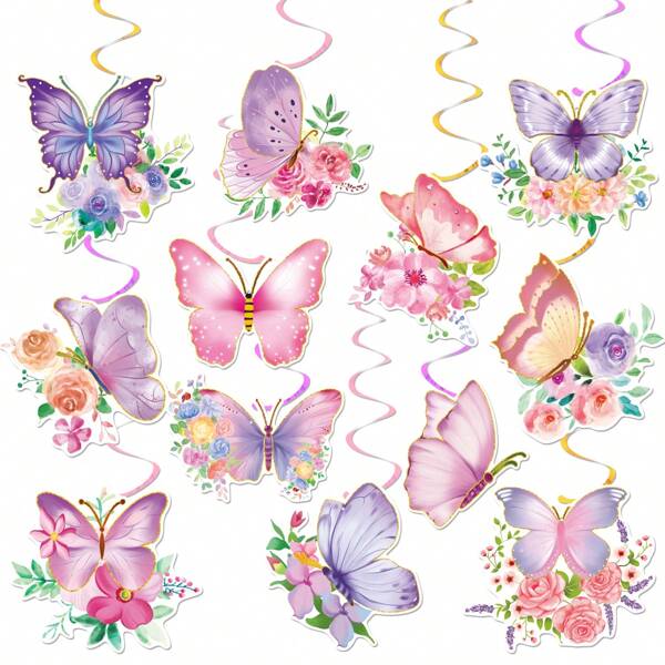 12pcs/Set,Butterfly Party Decorations, Butterfly Hanging Swirl Decorations Pink And Purple Hanging Butterfly Decorations For Spring Summer Garden Butterfly Shower Birthday Decorations