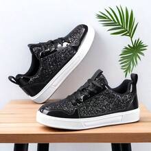 畅销平底休闲时尚运动鞋，女士时尚百搭休闲鞋，防滑耐磨轻便运动鞋，纯色 PU 鞋面，闪亮休闲滑板鞋，适合所有季节 - 黑色 - 查看 5