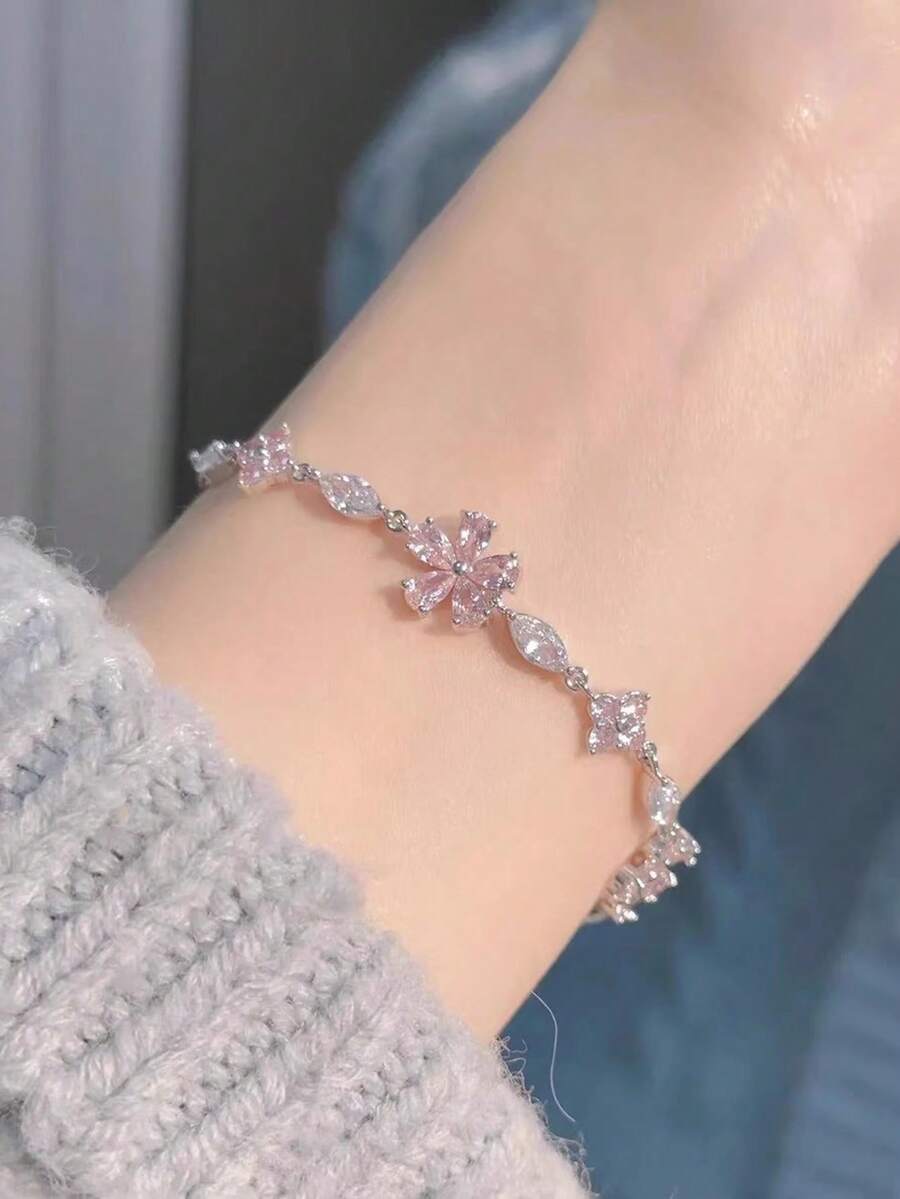 1pc Elegant Pink Crystal & Zirconia Sakura Flower Bracelet, Bridal Fashion Jewelry Valentine's Day Accessories - Multicolor - View 1