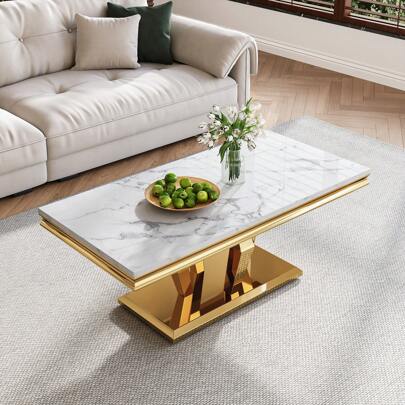 Diamond Faux Marble Coffee Table Set - 2 Side Tables With Diamond-Shape Stainless Steel Base, Mirrored Finish For Or Living Room