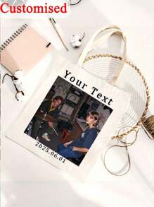 1pc Personalized Canvas Tote Bag,Customised Text,Foldable, Large Capacity&Lightweight, Stylish Versatile,For Women, School Bag/College Backpack Ideal Gifts For Her Women, Rookies & White-Collar Workers, Girlfriend, Pink Girls For Graduation, For Weddings
