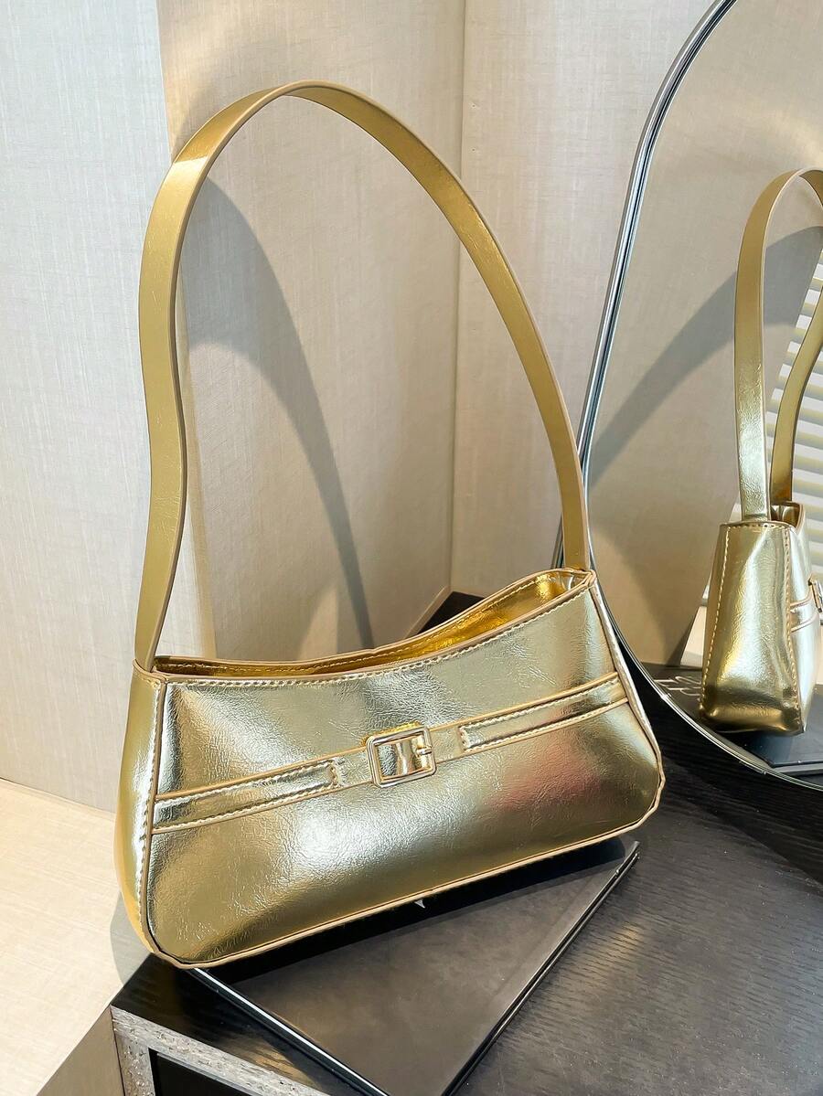 1 件金色手提包，新款金属五金装饰纯色 PU 法棍单肩包，女士 - 金色 - 查看 1