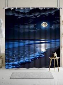 [1/4 Piece Modern Ocean Shower Curtain Set] 1/4 Piece Modern Artistic Home Decor Ocean, Beach, Moon Print Shower Curtain Set, All-In-One Bathroom Decoration, Including Waterproof Shower Curtain With Hooks, Non-Slip Mat, Toilet Seat Cover, U-Shaped Rug, Bathtub Divider, Bathroom Accessories, Household Essentials - Blue - View 12