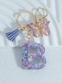 Sparkling Purple Mixed Snowflake Sequins, 26 Capital English Letters, Paired With Golden Patterned Butterflies And Purple Leather Tassels, 18kc Gold Lobster Buckle Flat Ring Chain Three Pieces Keychain Set, Suitable For Luggage Hanging Accessories, Car Hanging Accessories, Key Hanging Accessories, Mobile Phone Hanging Accessories, Clothing Hanging Accessories, As A Birthday Gift For Friends, Couples, And Mothers, Suitable For Both Men And Women - Purple - View 3