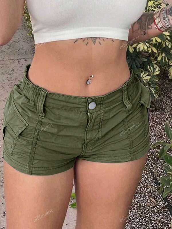 Shorts cortos de carga de unicolor con cintura elástica, bolsillo con solapa y bolsillo lateral, estilo casual sencillo para uso diario y festivales de música Y2K