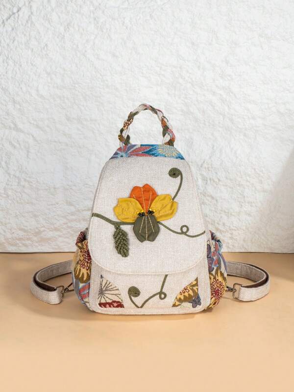 1pcs Boho Style Handmade Beaded Floral Print Backpack With Multiple Compartments, Adjustable 2-In-1 Chest Bag & Backpack