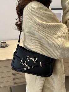 1pc Quilted Zipper Closure PU Solid Color Square Bag, Fashionable Handfeel Versatile Underarm Bag For Women, Personalized Strap Decor Bow Accent Minimalist Commuter Shoulder Bag, Large Capacity Vintage Vibe Suitable For Daily Use, Outing, Dating - Black - View 3