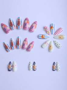 Hộp quà tặng 24 móng tay giả hình quả hạnh nhân, nghệ thuật làm móng bãi biển mùa hè, kiểu dáng vỏ sò, sao biển ba chiều, tôm hùm hoạt hình, cá chép, nhím biển, chấm bi xanh hồng, hạt cườm nhiều màu sắc, thích hợp cho kỳ nghỉ, quà tặng, đồ dùng thiết yếu cho chuyến đi biển, móng tay giả kèm keo thạch, 1 miếng dán, 1 miếng dụng cụ làm móng, móng tay - Nhiều màu - Xem 4