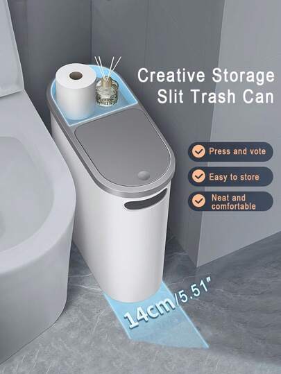 Slim Bathroom Trash Can With Lid, 10L/2.64Gal Capacity, Creative Narrow Space Waste Bin, Press Type Garbage Basket, Durable Material, Ideal For Home Use, Home Essentials Pet-Proof Design Container Bin With Press Top Lid, For Kitchen, Bathroom, Living Room, Office, Narrow Place Caravans