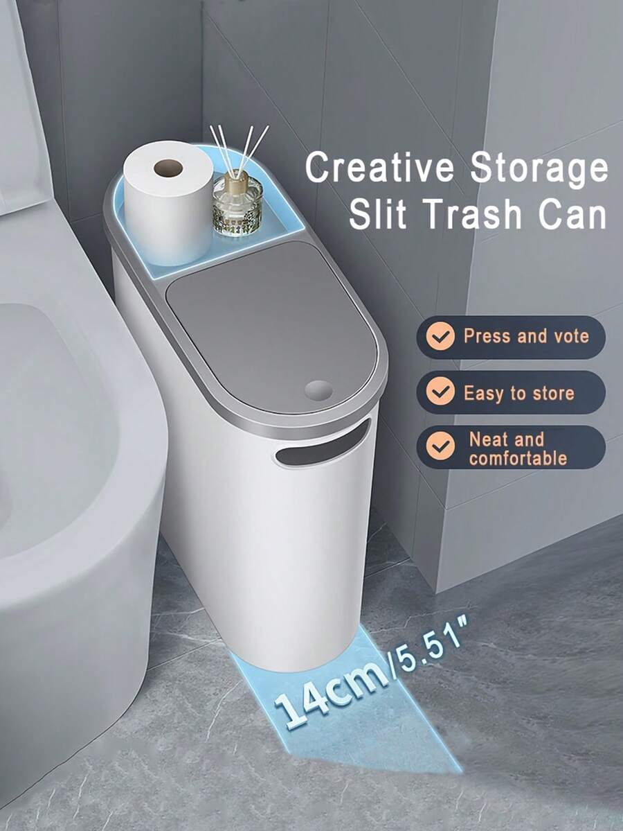Slim Bathroom Trash Can With Lid, 10L/2.64Gal Capacity, Creative Narrow Space Waste Bin, Press Type Garbage Basket, Durable Material, Ideal For Home Use, Home Essentials Pet-Proof Design Container Bin With Press Top Lid, For Kitchen, Bathroom, Living Room, Office, Narrow Place Caravans - Light Grey Flip-top trash can - 查看 1