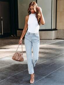 European & American Style Women Casual Versatile Stretch Fitted Light Blue Washed Denim Straight Leg Jeans, Daily Wear - Light Blue - View 7