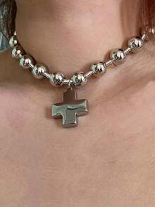 1pc Fashionable Titanium Steel Silver Ball Beaded Cross Pendant Necklace, Daily Wear Gift For Women - 銀色 - 查看 11
