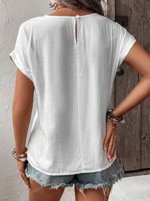 Summer Linen Feel Drop Shoulder Short Sleeve Hollow Lace Patchwork Casual Loose Blouse For Women
