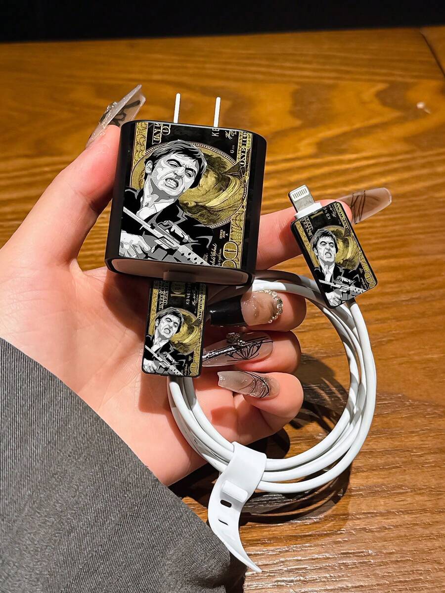 4 件装 Hero Dollar Bill 设计充电器保护壳、数据线整理器套装 - 20W/18W 电源适配器、适配器盖，兼容 11/12/13/14/15/16/13 Pro Max/16 Pro Max Nan 数据线保护器 充电器配件 手机配件 - 彩色 - 查看 1