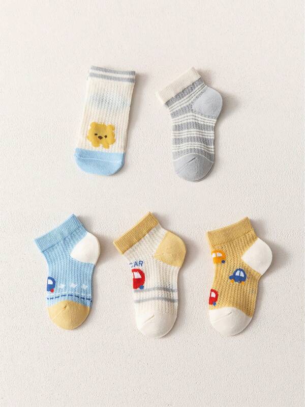 5 Pairs Kids Socks - 5 Pairs Of Adorable Socks! Blue & Yellow Car Design To Turn Your Child Into A Car Prodigy, Light Blue Soft Teddy Bear, White Striped With A Little Personalized, Gray Striped Versatile, Variety Of Styles For The Whole Week, Mom Can't Go Wrong With These!