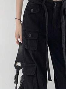 Multi Pocket Loose Slim Straight Pants  Plain    Casual    Zipper    Daily - màu đen - Xem 2