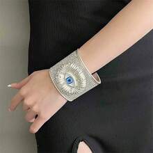 1 件夸张金属水钻邪眼袖口手镯，宽哥特式巴洛克风格眼形手镯，闪亮复古配饰