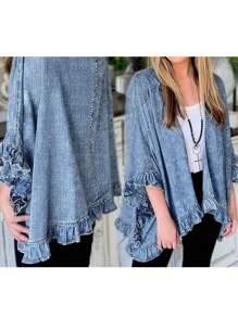 Women's Casual Loose Denim Jacket, Paired With Ruffled Pleats Decoration, Suitable For Daily Outings, Dances/Parties, Parties, Dates