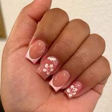 24pcs Elegant Summer Floral Press-On Nails In Pink & White Gradient - Square Shape, Medium Length With Polka Dot Design, Reusable False Nail Set For Women & S, Nail Salon, Ladies Nai