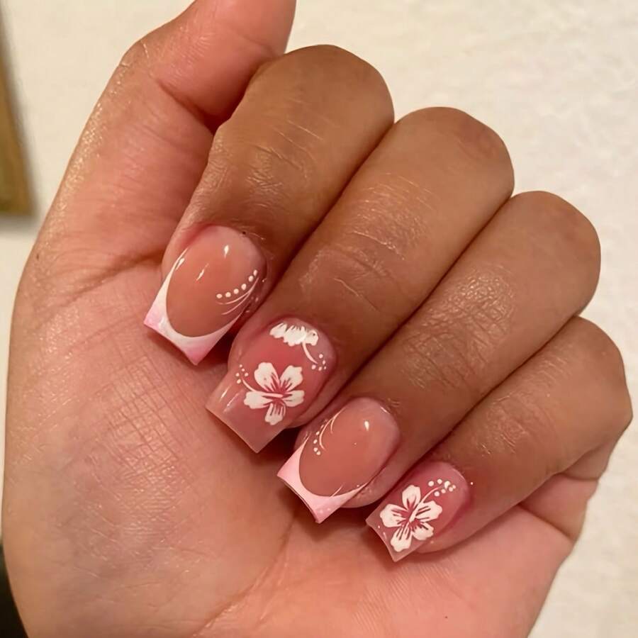 24pcs Elegant Summer Floral Press-On Nails In Pink & White Gradient - Square Shape, Medium Length With Polka Dot Design, Reusable False Nail Set For Women & S, Nail Salon, Ladies Nai
