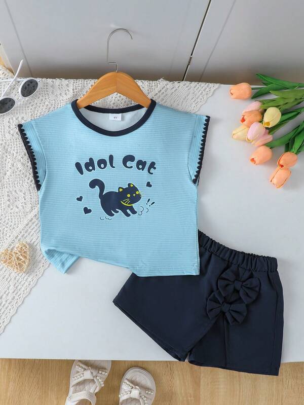 idolCat IDOLCAT 2Pcs/Set Young Girls Cute Casual Letter Print Stripe Short-Sleeved T-Shirt And Elastic Waist Shorts For Summer Daily Wear, Outdoor And Vacation Girls Summer Clothes