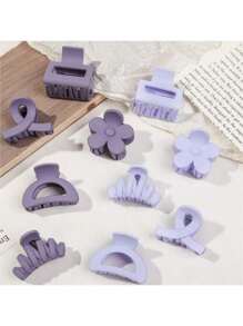 Set de 10 piezas de pasadores de pelo de otoño con diseños florales minimalistas de onda, semicírculo, cuadrado y cruzado en color morado suave mate, accesorios de moda para el cabello, para escuela, universidad, accesorios morados