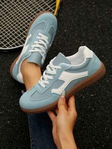1 par de tênis casuais respiráveis com cadarço, sapatos brancos para adolescentes, adequados para primavera, verão e outono - Azul - Ver 4
