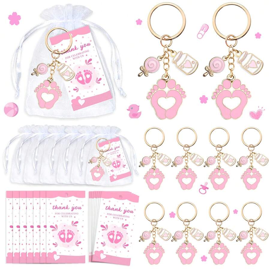 30pcs/10sets 10/20/30 Sets Baby Shower Favors With Design Key Chains With White Organza Bags And Thank You Tags Boys And Girls Baby Shower Party Favor Holiday Essentials Suitable For Shower Party Favors Birthdays And Event Decorations