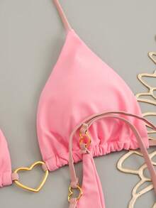 Áo bikini tam giác kiểu Âu Mỹ mới về, điểm nhấn là họa tiết kim loại hình trái tim, cổ yếm, màu trơn gợi cảm, thích hợp cho kỳ nghỉ hè trên bãi biển, màu hồng. - Hồng - Xem 5