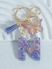 Sparkling Purple Mixed Snowflake Sequins, 26 Capital English Letters, Paired With Golden Patterned Butterflies And Purple Leather Tassels, 18kc Gold Lobster Buckle Flat Ring Chain Three Pieces Keychain Set, Suitable For Luggage Hanging Accessories, Car Hanging Accessories, Key Hanging Accessories, Mobile Phone Hanging Accessories, Clothing Hanging Accessories, As A Birthday Gift For Friends, Couples, And Mothers, Suitable For Both Men And Women - Purple - View 20