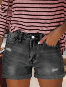 Quần short denim ống rộng dáng rộng phong cách đường phố thường ngày dành cho nữ mùa hè. - Màu xám đen - Xem 3