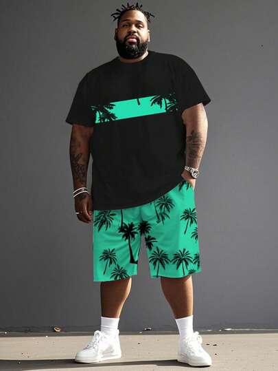 2pcs Plus Size Men's Set, Includes Short Sleeve T-Shirt And Shorts, Very Suitable For Casual Summer Beach Outfits, Cozy Outfits