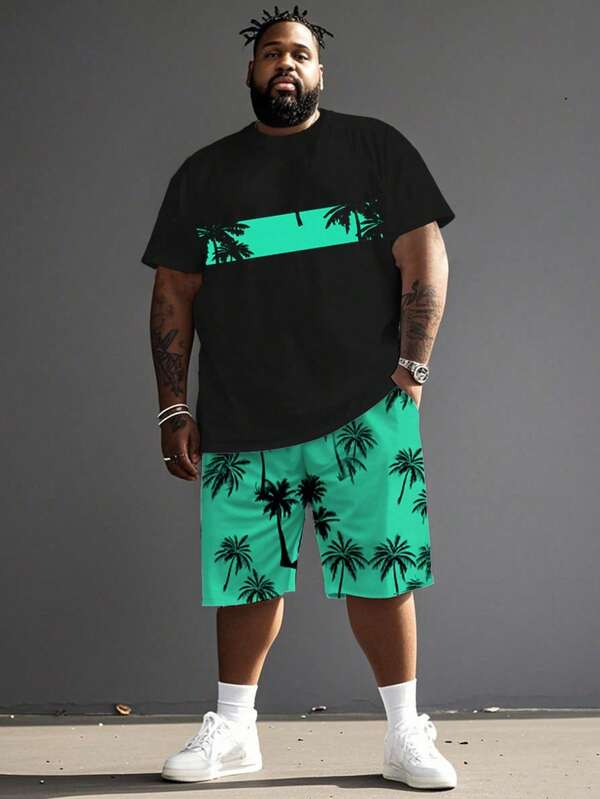 2 piezas Conjunto de talla grande para hombres, incluye camiseta de manga corta y pantalones cortos, muy adecuado para atuendos casuales de verano en la playa, atuendos cómodos