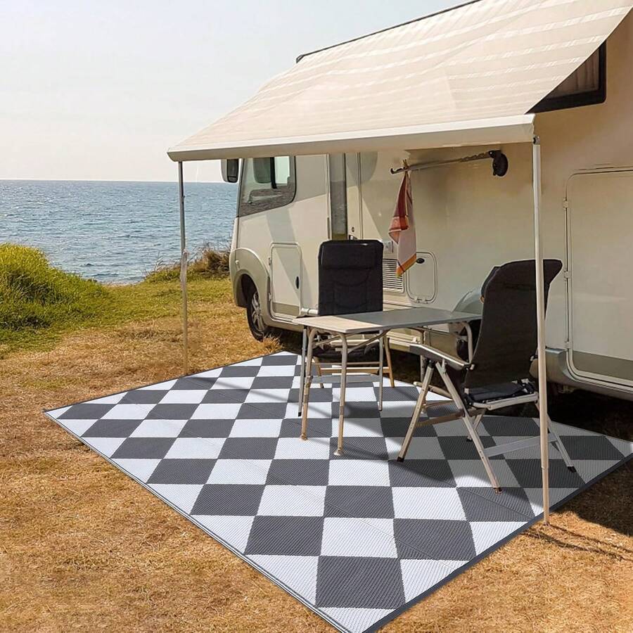 Outdoor Rug 9x18 Ft Waterproof Mat Reversible Outdoor Plastic Straw Rug Patio Rug Camping Rug Portable Outdoor Mat For RV Porch Balcony Backyard Picnic Beach Grey/White Diamond,6622460 - 白色 - 查看 1