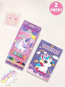 2pcs Children's Cartoon Style Unicorn Themed Drawing Book And Colored Pencil Set, Children's DIY Drawing Set, Suitable For Children's Drawing And Learning Use,Back To School, Is An Ideal Choice For Giving Children Gifts - Multicolor - View 1