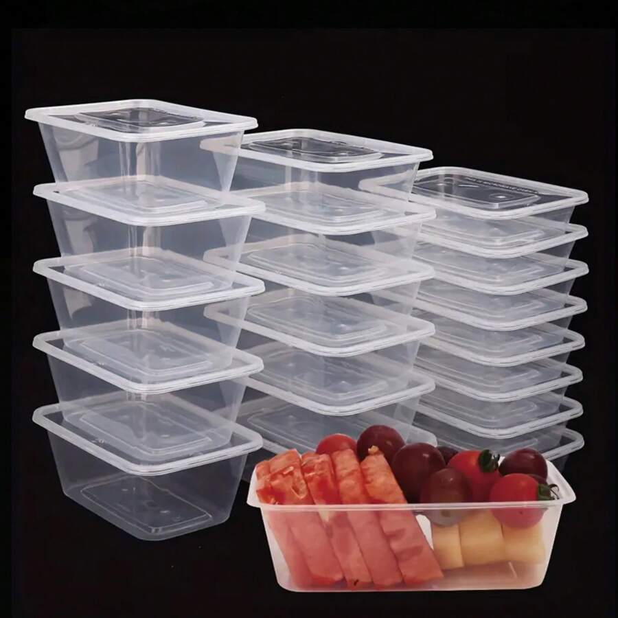 10/20/40个装食品储物盒，长方形外卖盒，带盖，PP材质，可微波炉加热，加厚外卖包装，适合包装零食、水果和蔬菜，透明盒身，经久耐用，卫生安全，边缘光滑，是婚礼、生日和外卖活动的理想之选。