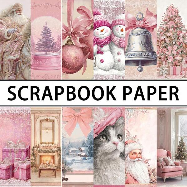 24/36PCS Vintage Pink Christmas Themed Scrapbooking Paper, 5.9*5.9inch Single-Sided Pink Christmas Scrapbook Paper Pad, Perfect For Bullet Journals, DIY Crafts, And Greeting Card/S
