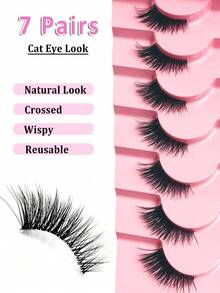 False Eyelashes,7 Pairs Cat Eye Half Eye Clear Band Nature Crisscross Wispies Soft False Lashes Fake Eyelashes For Party Half Lashes Clear Band Eyelashes Cat Eye False Eyelashes Short Soft 3d Faux Mink Eyelashes Soft Natural Makeup
