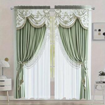2pcs 3D Modern Elegant European Floral Pattern Sheer Polyester Curtains, All-Season Design, 100% Polyester, Light Filtering, Rod Pocket, Suitable For Kitchen, Laundry Room, Bedroom, Study, Living Room