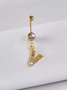 1pc Fashionable Classic 26 Letter Shape Pendant Goldtone Stainless Steel Navel Ring With Shiny Cubic Zirconia, Minimalist Style Body Piercing Jewelry Suitable For Women Daily Wear - Yellow Gold - View 23