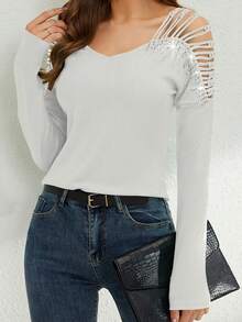 Women's Rhinestone Blouse - Sparkle V Neck Long Sleeve Top With Cutout Detail, Slim Fit Party T-Shirt, Evening Glam Tops For Clubbing  Date NightsWomens V Neck Tops Cutout Long Sleeve Rhinestone Slim Fit T-Shirts Sparkle Blouses - White - View 5
