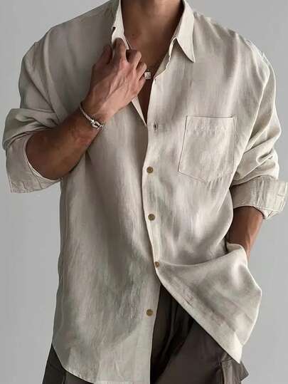 男士纯色前口袋纽扣长袖休闲衬衫，夏季，秋季