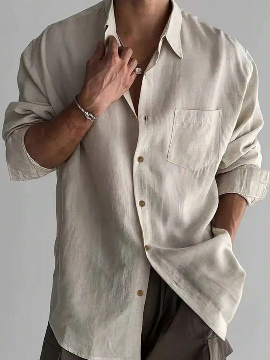 男士纯色前口袋纽扣长袖休闲衬衫，夏季，秋季 - 彩色 - 查看 1
